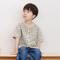Boys cotton and linen tops summer new childrens clothing Japanese plaid boys casual loose childrens T-shirt Korean foreign style
