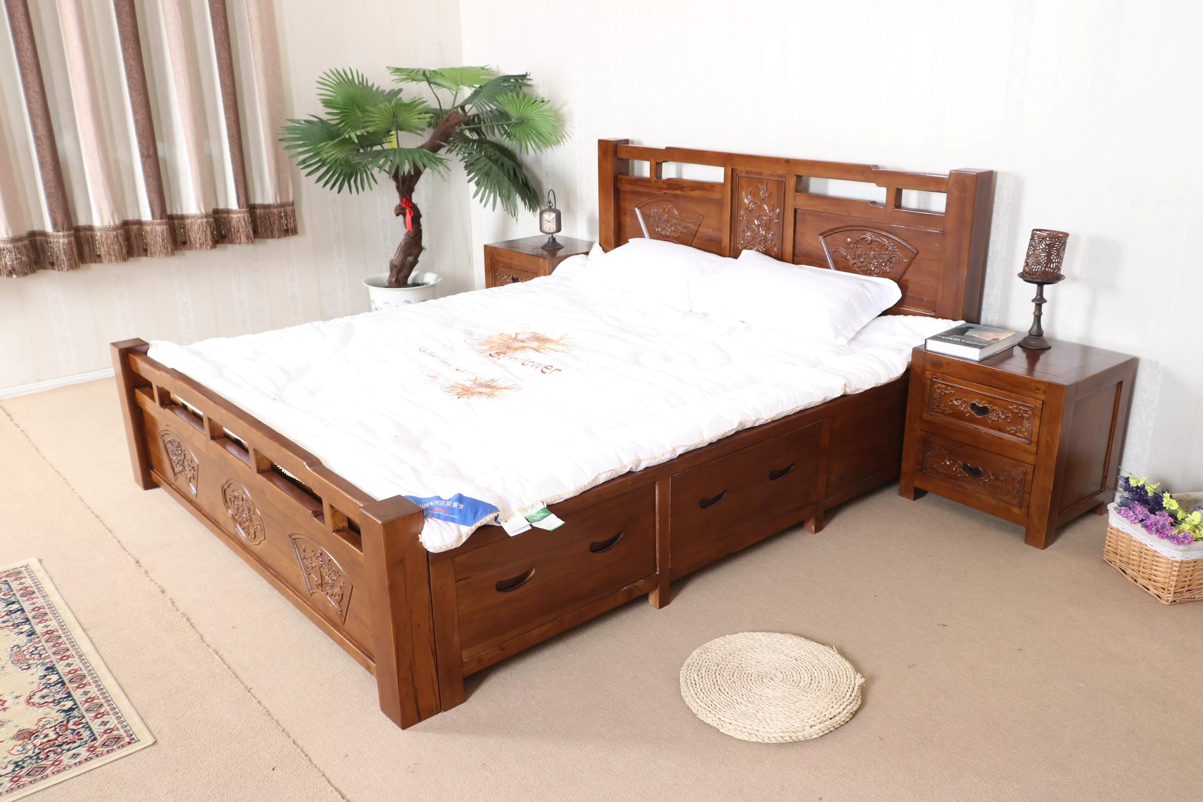 Giường đôi cây du cũ Đồ nội thất Trung Quốc giường gỗ rắn chạm khắc đồ nội thất cổ nhà Minh và Thanh đơn giản hiện đại 1,8 mét - Giường