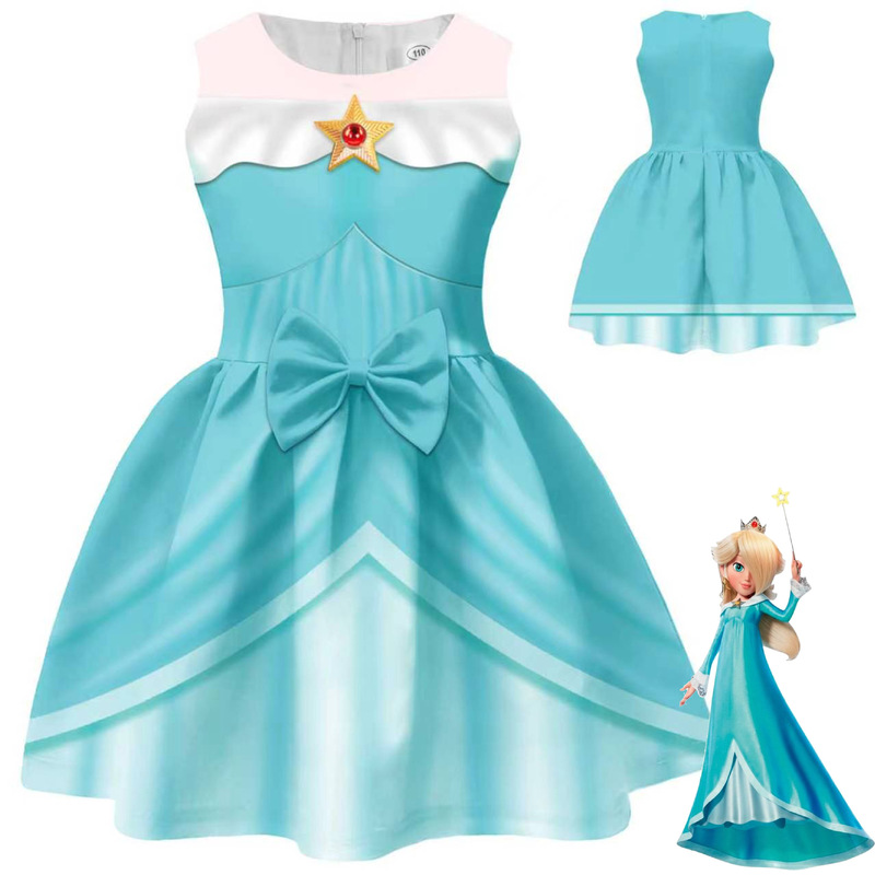 New Super Mario Princess Rosalita Cosplay Bow Princess Dress for Girls 94264