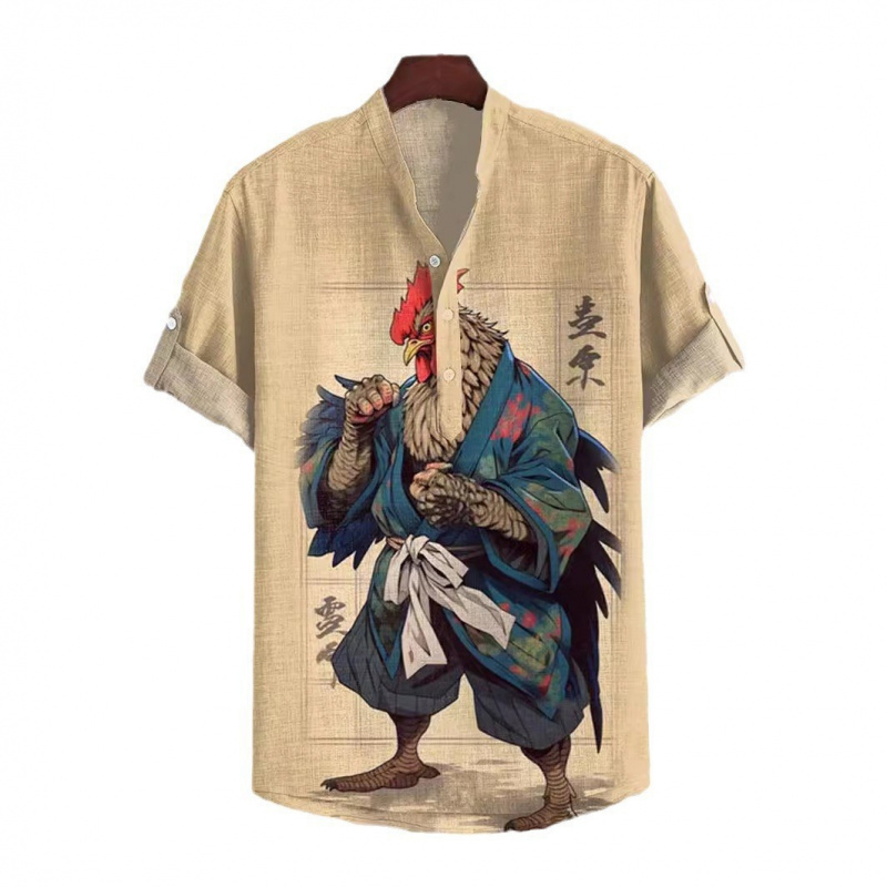 2024 New 3D Digital Heat Transfer Animal and Landscape Pattern 3-Button Stand-Up Collar Short-Sleeve Shirt