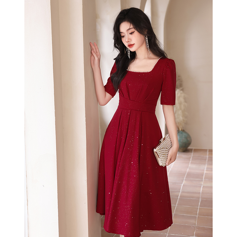 2026 Summer Plus Size Toasting Dress Burgundy Bride Slimming Belly Covering Fat mm Engagement Banquet Performance Evening Dress for Women