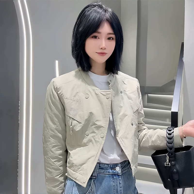 Spring New Thin Cotton Simple Stand-Up Collar Short Jacket for Women Versatile Zipper Biker Jacket Fashionable Women's Top