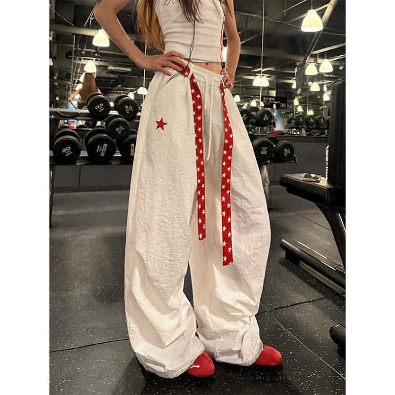 Ounng American-Style Dopamine Star Lace-Up Casual Pants for Women 2026 New Loose Wide-Leg Floor-Length Parachute Pants Trendy