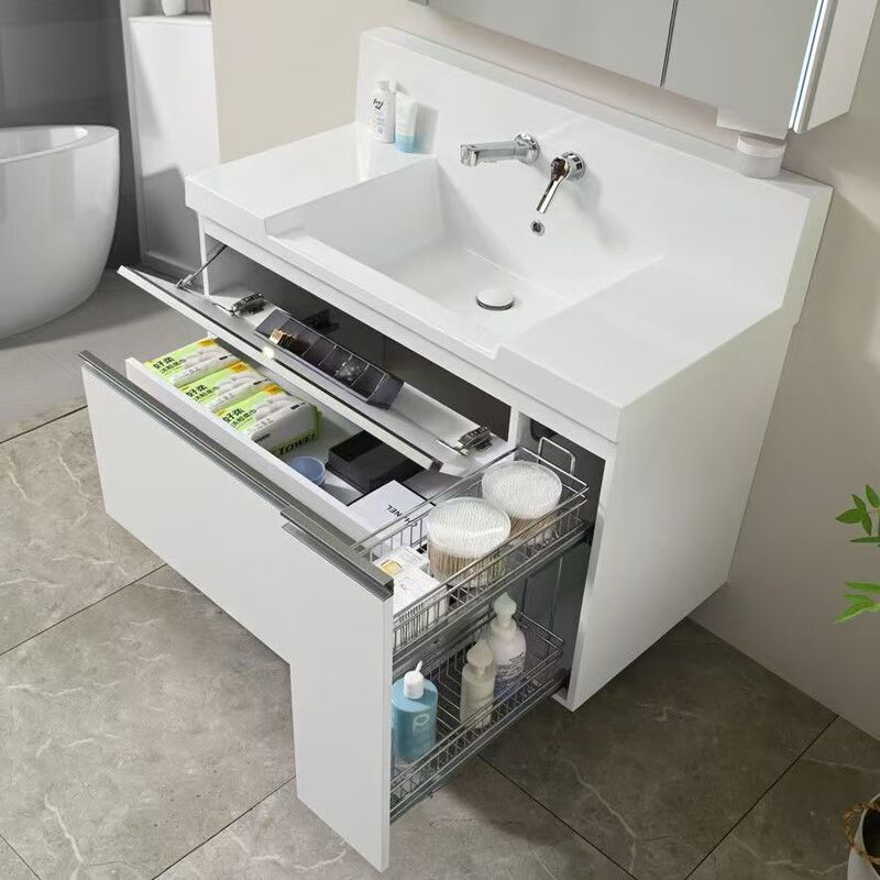 New High-Back Skin-Friendly Integrated Washbasin Bathroom Cabinet Set, Face Washing Basin with Storage Wall Cabinet, Japanese-Style Bathroom