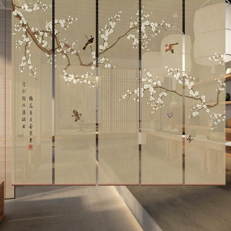 Modern semi-transparent hanging screen lifting roller curtain Semi-blackout bedroom windowsill hanging soft partition flower and bird roller curtain curtains