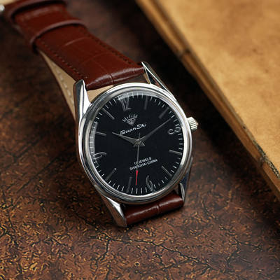 Old domestic mechanical manual men's watch, retro wound solid steel band wristwatch, exam gift, shock-resistant 17 diamonds