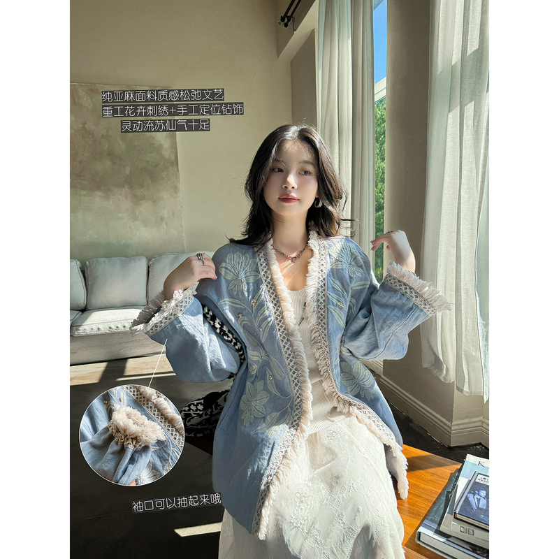 Pure Linen Heavy-Duty Positioning Embroidery Handmade Positioning Rhinestone Fairy Tassel Artistic Cardigan Jacket Annie Forest