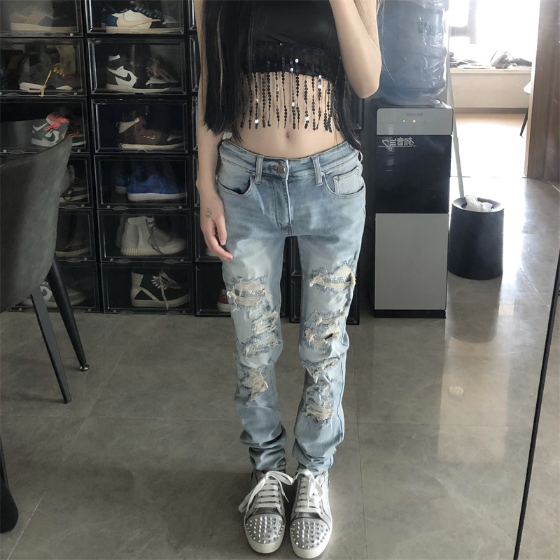 Standing in the Fog Kanye European and American High Street ins Heavy-Duty Patchwork Ripped Rhinestone Slim-Fit Stretch Skinny Jeans