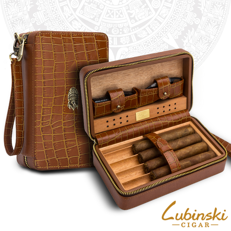 LUBINSKI Portable Cigar Case 4 Pack with Drill Cigar Scissors Cedar Humidor