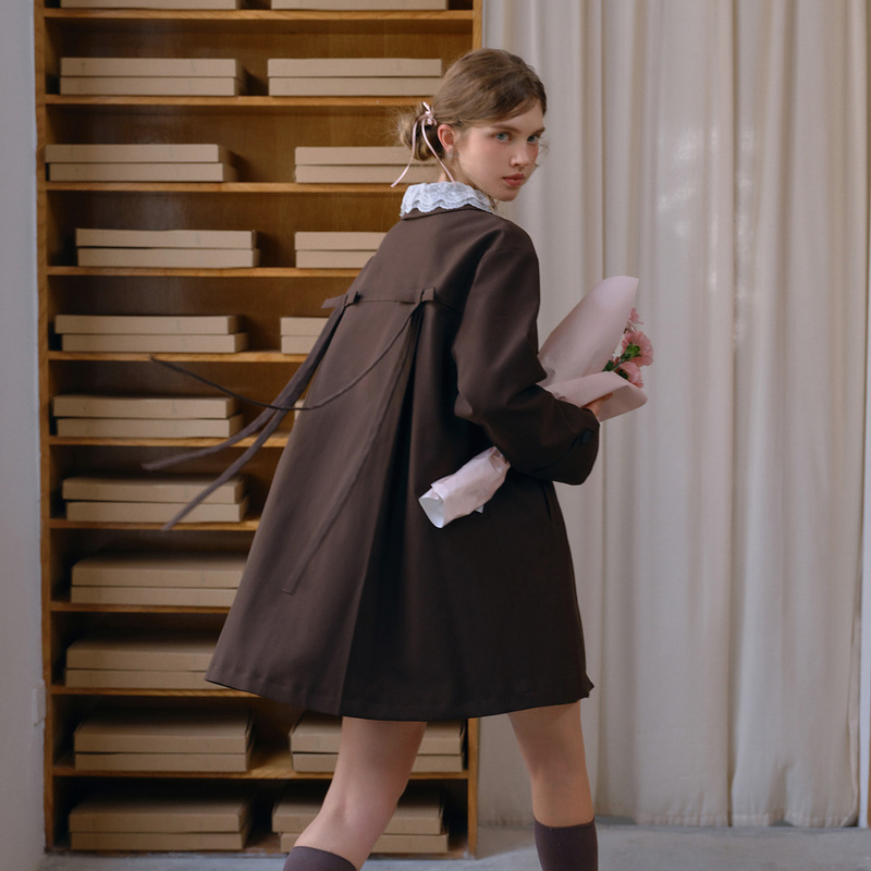New Korean Style, Very Attractive Dark Brown Mid-Length Women's Trench Coat with Bow, Loose Wide-Fit Jacket for Women, Spring and Autumn Wear