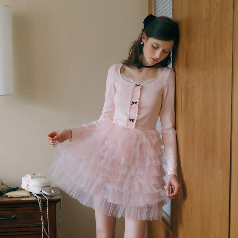 Pink Sweet Knitted Long-Sleeved Spliced Cake Mesh Skirt, Stunning Fairy Skirt, Short Early Spring Beautiful Dress