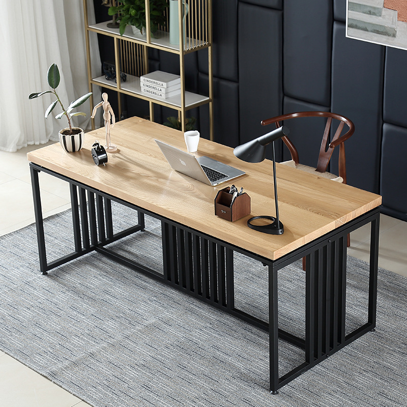 Nordic Iron Art Solid Wood Desk Home Office Book Room Desk Brief Iron Art Rectangular Retro Desk