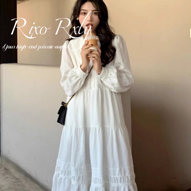 Rixo Rxly Doll Collar White Dress Spring & Fall New French Style Waist Slimming Look A-Line Skirt Mid-Length