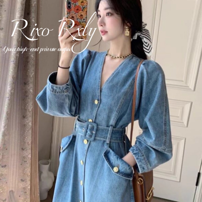 Rixo Rxly Denim Dress Women's Clothing Spring and Autumn New Style Plus Size Slimming High-End French A-Line Long Skirt
