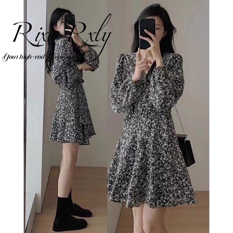 Rixo Rxly Floral Long-Sleeved Dress Women's French A-Line Skirt Spring and Autum Black Waist-Cinching V-Neck Long Skirt
