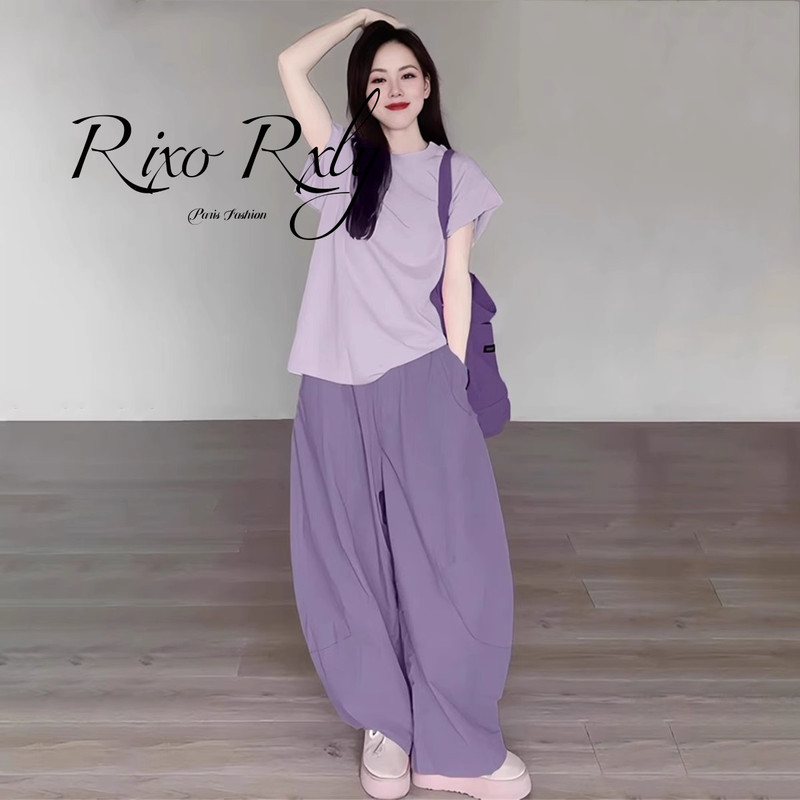 Rixo Rxly Summer New Casual Sports Suit for Women, Short-Sleeved Loose Korean Style Wide-Leg Pants Two-Piece Set, Pure Cotton