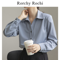 Day Ensemble Blue Shirt Woman 2022 Chunqiu New satin linen lining Long sleeves Career OL French style v Collar Casual Blouse