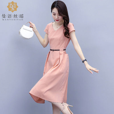 连衣裙女夏季2021年新款韩版收腰显瘦轻熟风短袖夏天中长款裙子潮