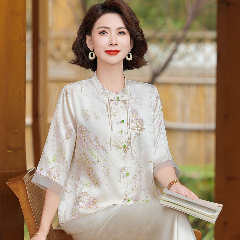 Ethnic Style Middle-Aged Mother's Summer Clothing Mulberry Silk Three-Quarter Sleeve Shirt Women's Two-Piece Set Large Size Silk Printed Top