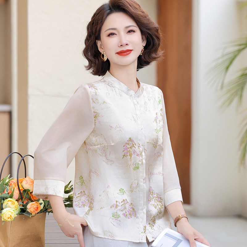 【100% Mulberry Silk】Summer Shirt for Middle-Aged Mothers, Women's Sheer Sleeve, White-Enhancing Silk Stand-Up Collar Top, Two-Piece Set, Thin