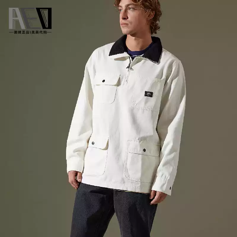 Vans/uo retro lapel half-zip jacket - men's long sleeve oversized casual outerwear top with multiple pockets - trendy style