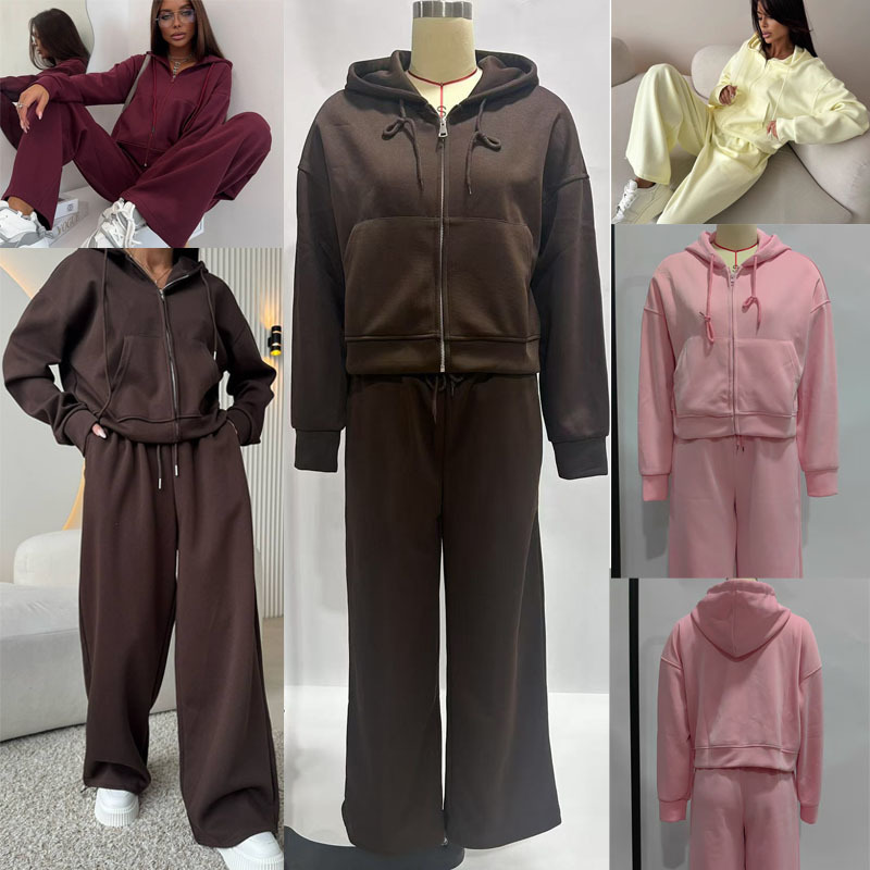 European and American Long-Sleeved Zip-Up Cardigan Hoodie with Drawstring Pants Two-Piece Set