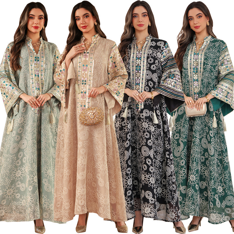 European and American Plus-Size Embroidered Patchwork Tassel Evening Dress with Large Sleeves and Mesh Embroidery Dresses Woman