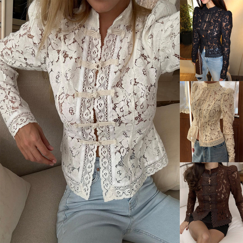 French-Style Gentle Stand-Up Collar Button-Down Lace Shirt with Hollow Long Sleeves Lace Shirt Women