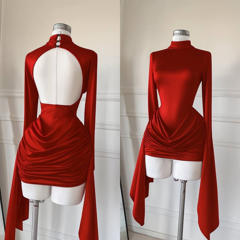 European and American Style Half-High Collar Backless Pleated Waist Cinching Dress