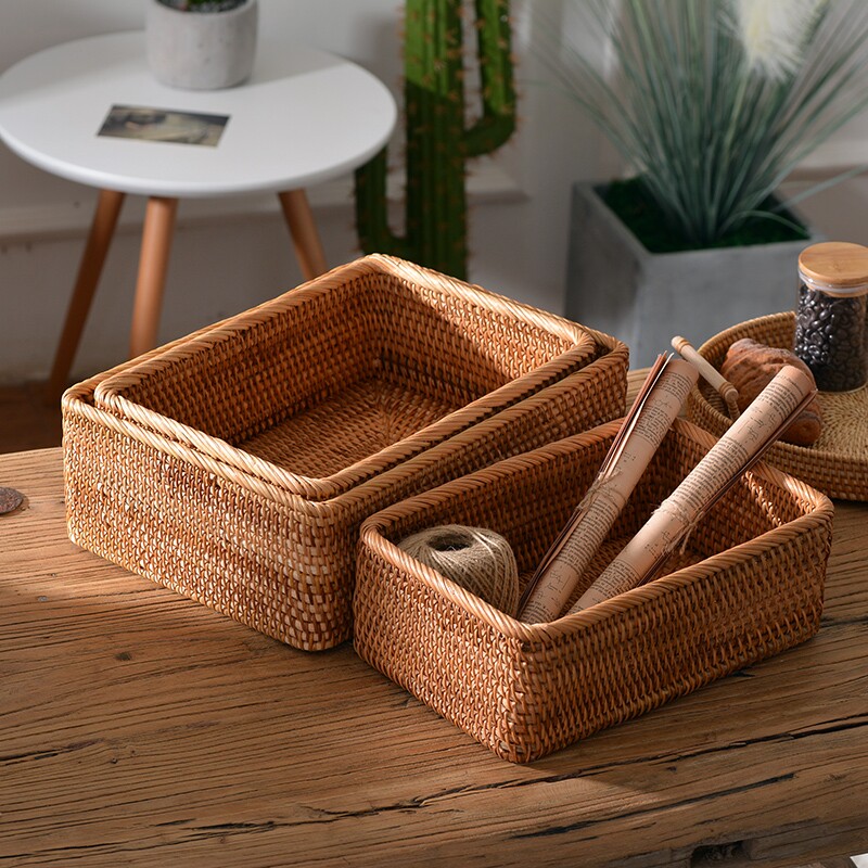 Vietnamese Rattan Woven Rectangular Containing Basket Tabletop Debris snacks containing basket Grass woven toy Contained Basket