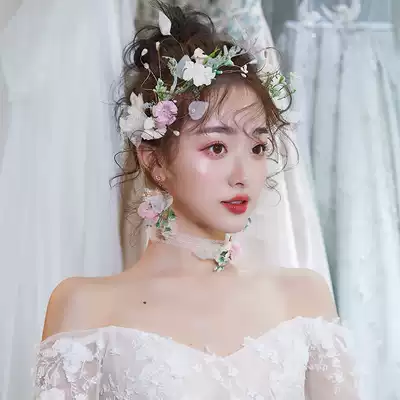 Cute bride 2021 New Super fairy Mori sweet simulation wreath romantic wedding photo hair accessories wedding dress