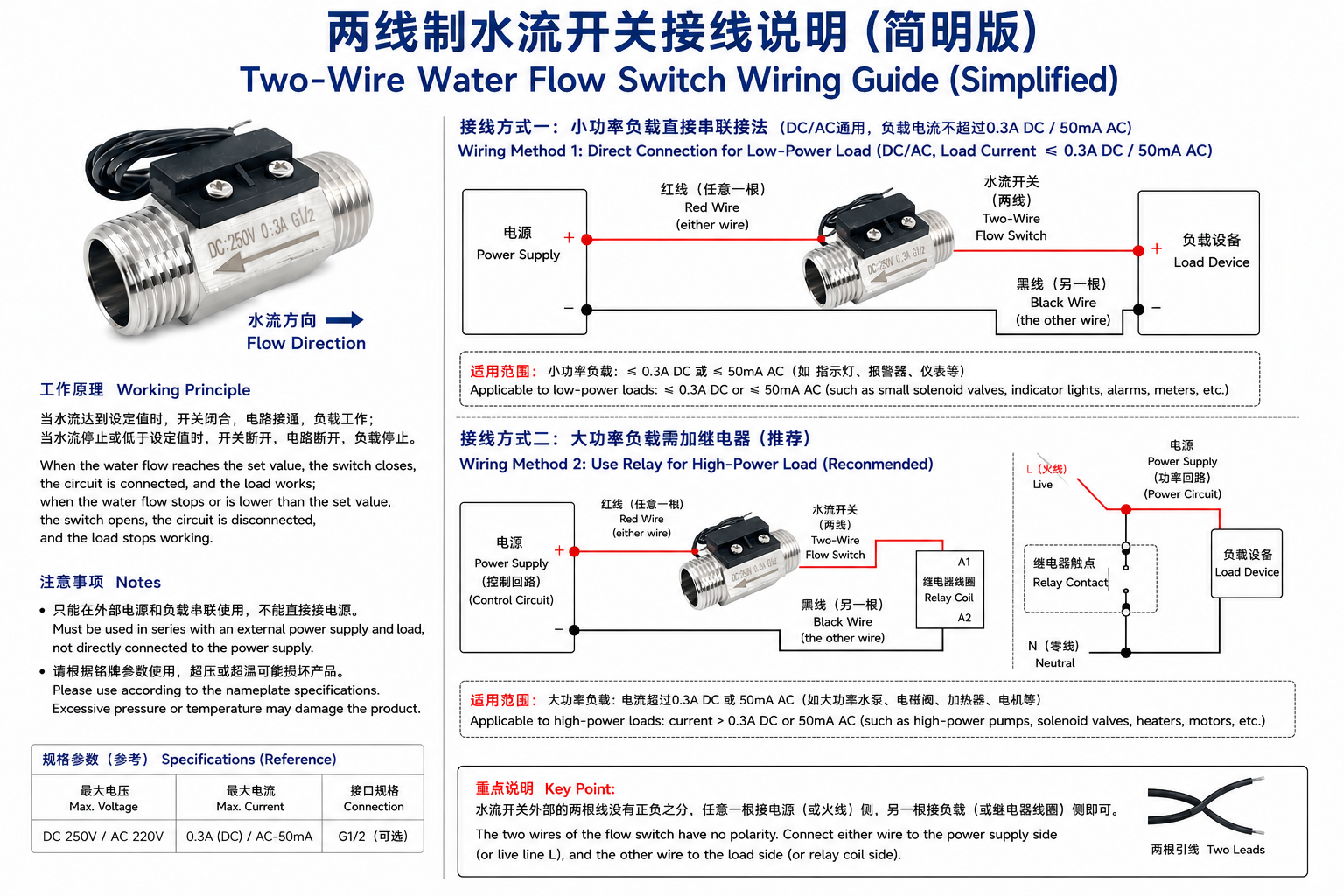 USM-FS21TA黄铜磁力式开关干簧管水流传感器G1/2接口接线说明