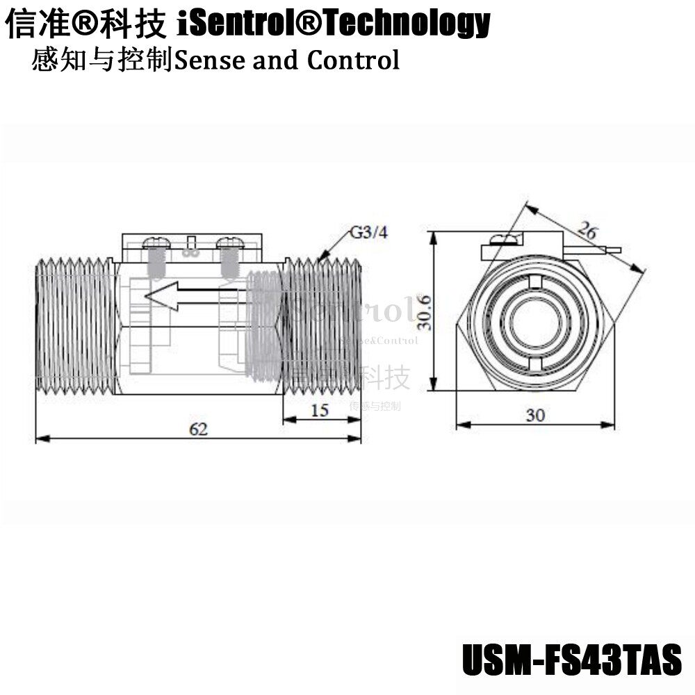 图片关键词 USM-FS43TAS不锈钢磁力式开关干簧管水流传感器G3/4接口尺寸图纸