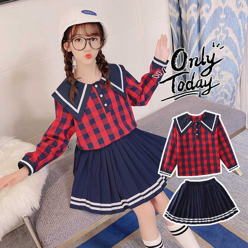 Girl JK Uniform CUHK Children's Plaid Skirt Plexo Skirt Fall Long Sleeve Student Academy Wind Suit Foreign Princess Dress