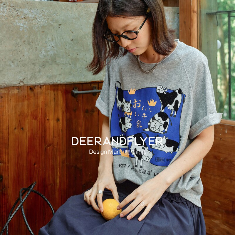 Deer and Birds'Moo Moo Knight' Japanese-Style Flocked Cow Print Trendy Multi-Color Oversized T-Shirt 7369