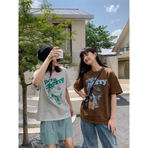 Deer and Bird Cherry Soda Retro Contrast Street Print Thickened T-Shirt Couple 3746
