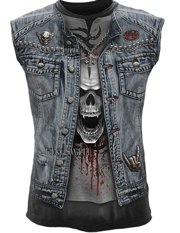 17606 Spiral Men's Rock Locomotive Three-dimensional Skull Sleeveless Short-sleeved T-shirt UK