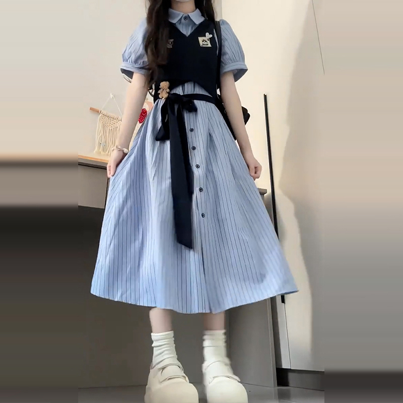 Summer New French Academy Style Blue Striped Shirt Dress, Plus Size, Waist-Cinching, Slimming, Age-Reducing Long Dress