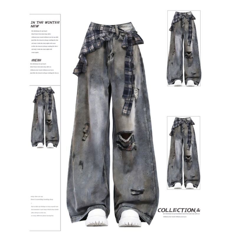 American Style ins Vintage Versatile Plaid Ripped Jeans Unisex Summer Casual Trendy Wide-Leg Pants American Style ins Vintage Versatile Plaid Ripped Jeans Unisex Summer Casual Trendy Wide-Leg Pants
