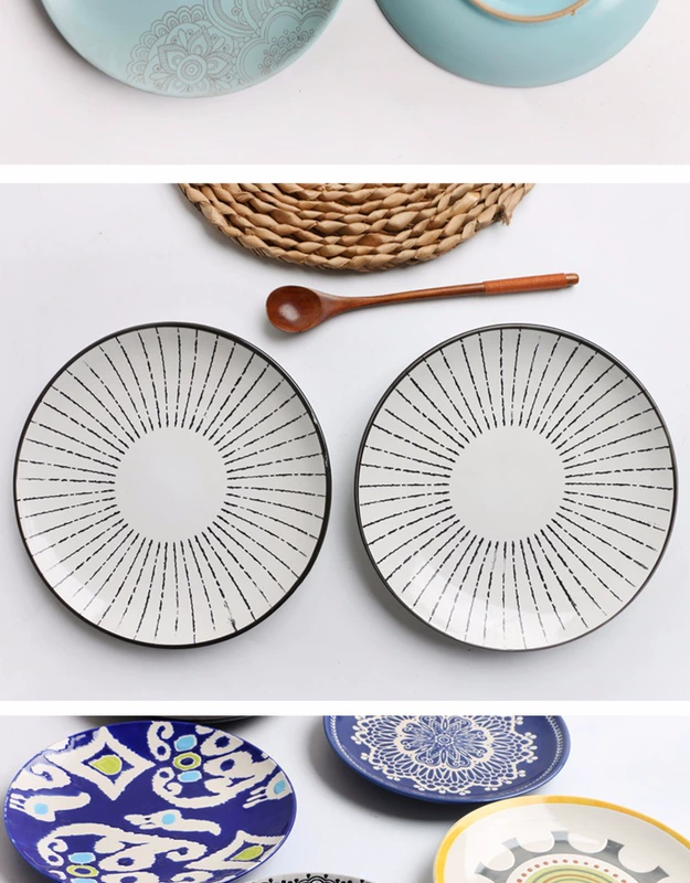 Đặc biệt cung cấp giải phóng mặt bằng vi mô nhà hàng bộ đồ ăn nhà hàng underglaze màu gốm tấm Sáng tạo đĩa tròn 8 inch - Đồ ăn tối