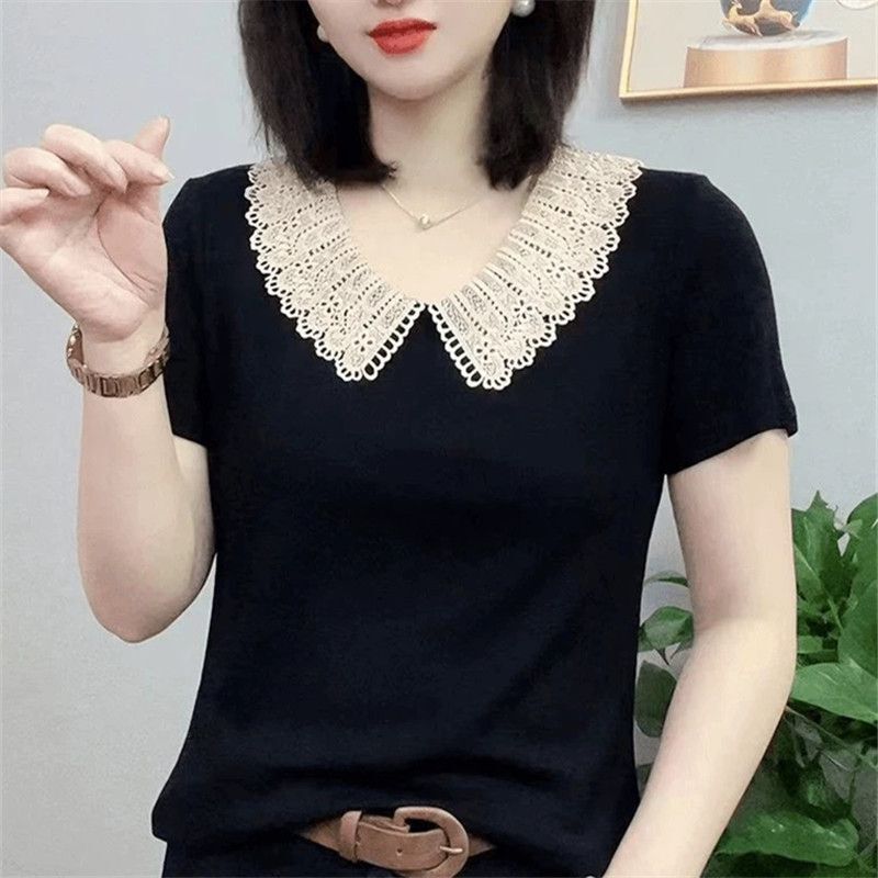 Plus-Size Women's Summer New Style Doll Collar Pure Cotton Short-Sleeve T-Shirt, Loose Fit, Tummy-Covering, Slimming, Lace-Trimmed, Versatile Top