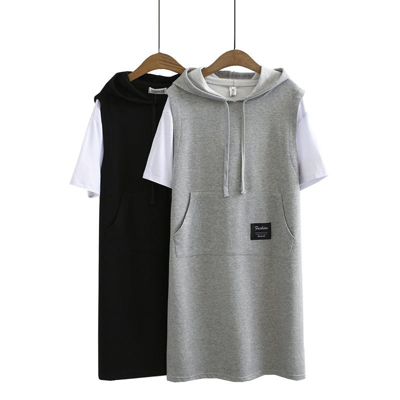 Plus-Size Women's New Summer Dress 100kg Fashion Patchwork Faux Two-Piece Loose Hooded Short-Sleeve Dress