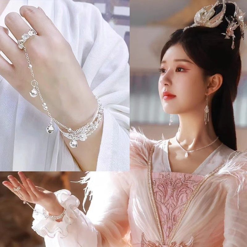 Ancient Style Bracelet for Women, Chinese Style Bracelet and Ring Combo, Hanfu Open Bracelet with Butterfly Tassel and Bell, Women's Wristband Ancient Style Bracelet for Women, Chinese Style Bracelet and Ring Combo, Hanfu Open Bracelet with Butterfly Tassel and Bell, Women's Wristband
