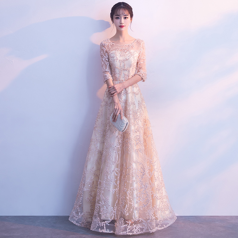 Banquet evening dress women's new temperament long version champagne bridesmaid dress host annual meeting long-sleeved dress skirt