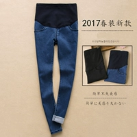 Quần bà bầu thời trang Hàn Quốc quần jeans đen chân quần mỏng là mùa xuân và mùa thu mẫu dài quần dài nâng bụng quần bầu dài