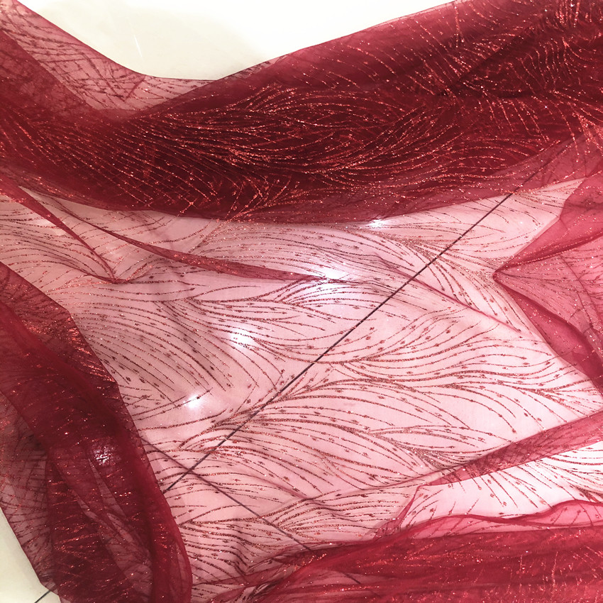 Red tree branch transparent mesh screen shiny wedding dress fabric fabric layout yarn