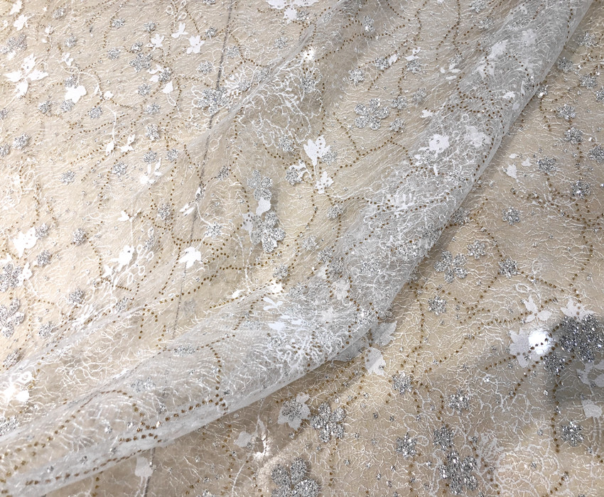 High-end hot stamping flash embroidered lace flowers wedding dress designer fabric fabric transparent yarn