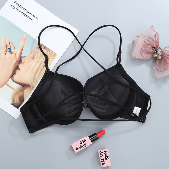 Forever buckle Back underwear Girl Black Backless Warler Cross -fine Stripper Deloles Started Gathering Small bra thin