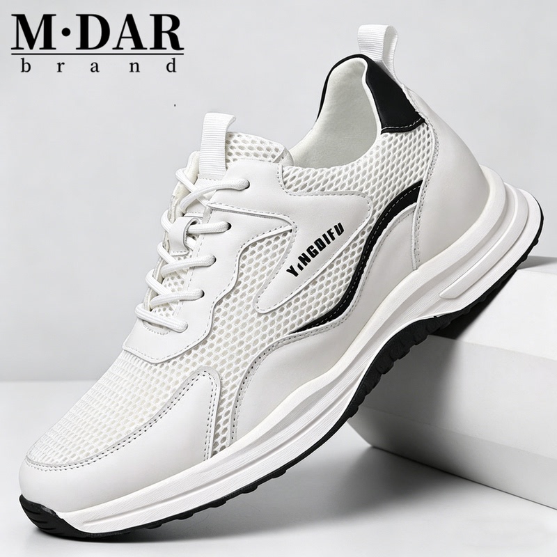 Men's Shoes 2026 New Summer Genuine Leather Breathable Casual Sports Shoes Men's Height-Increasing Mesh Thin White Shoes for Men