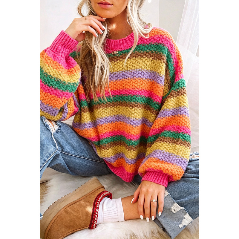 Dear-Lover Thick Warm Pullover Sweater for Women Winter New Striped Color-Block Round Neck Knitted Top for Women